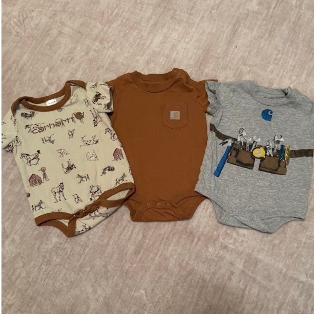 Carhartt Baby Bodysuit 3 Pack Set Farm Tool Belt Brown Grey Cream Short Sleeve